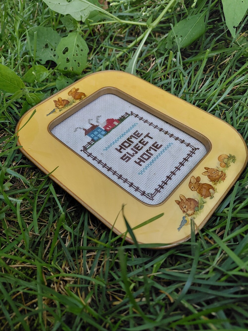 Vintage 60s Bucklers enamel bunny frame handmade Home Sweet Home embroidery art